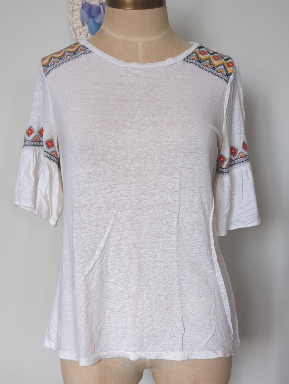 LOFT White T-shirt with Colorful Embroidery, Size S
